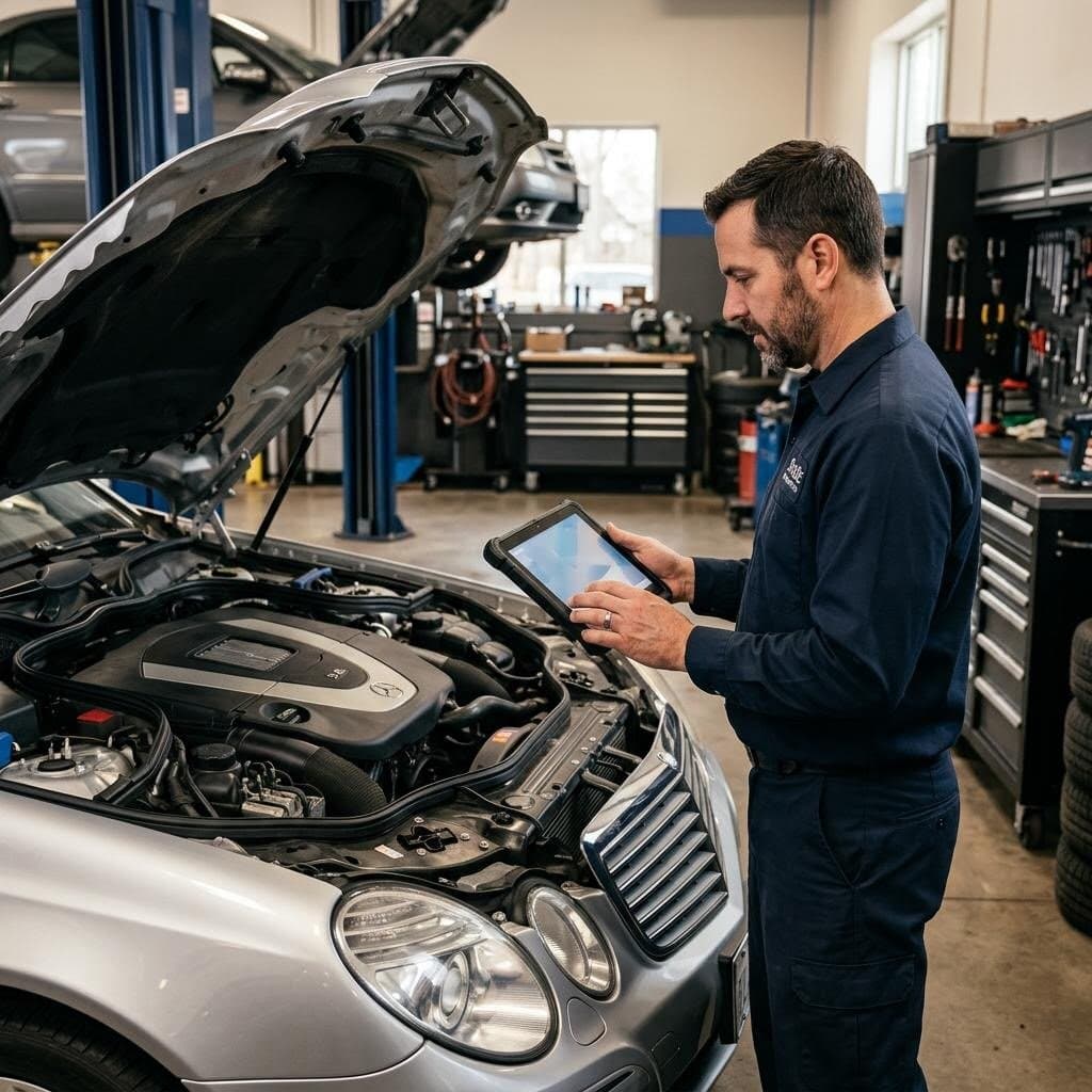 Automotive technician using a tablet beside a car in a service bay